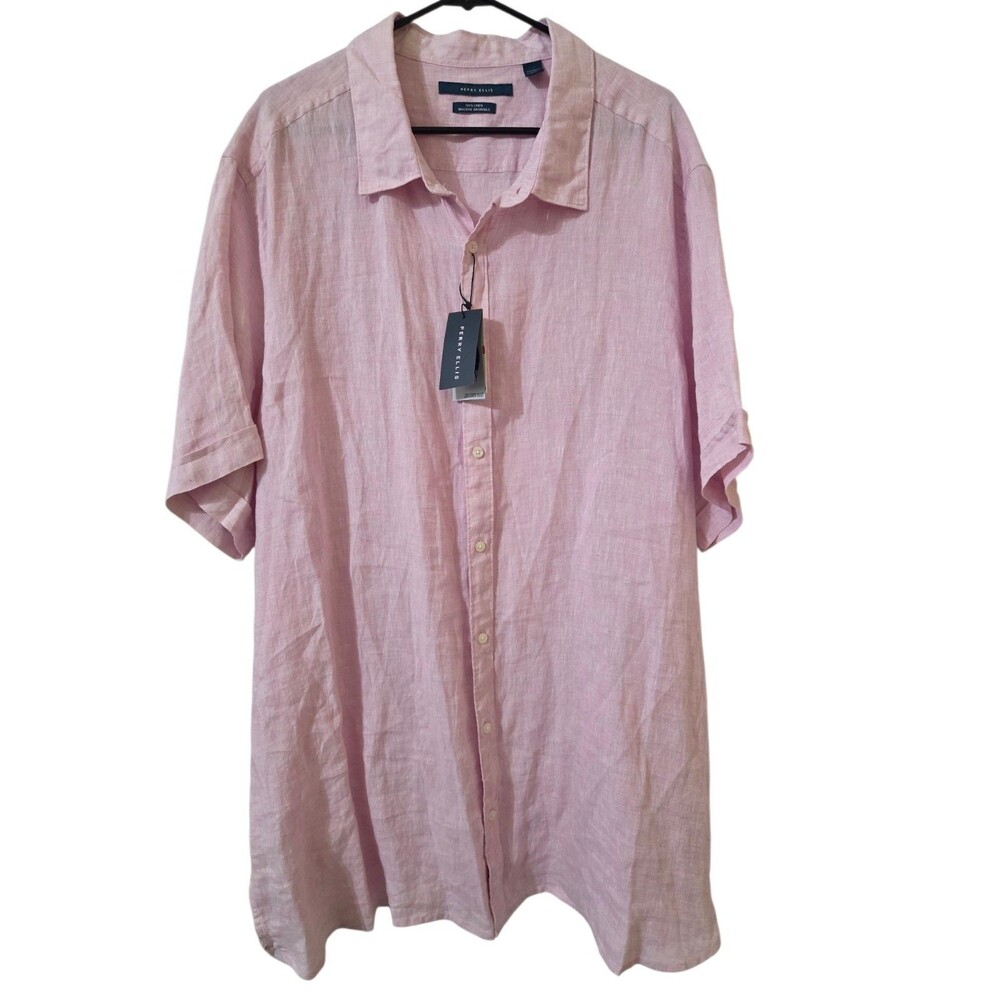 NWT Perry Ellis Pink Lavender Button Up Linen Untucked Shirt 3XLT C18.4